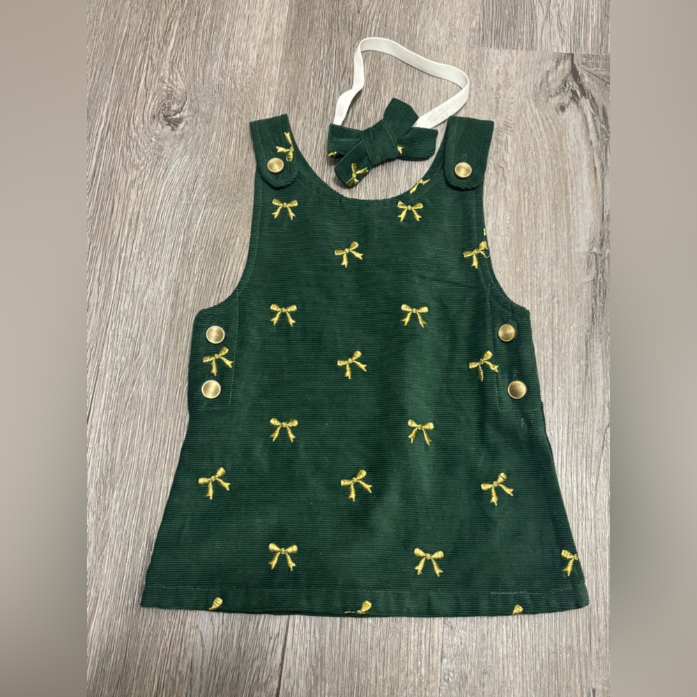 Forest Green Corduroy Pinafore Dress with Yellow Bow Accents